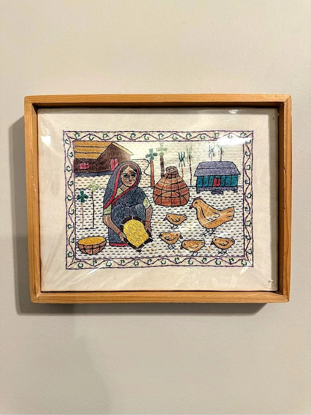 Framed Embroidered Textile Art in Brown & Blue